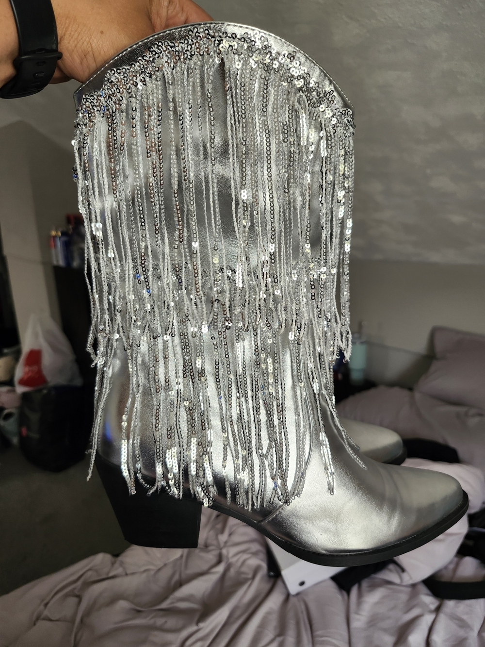 Silver Fringe Sequin Western Ankle Boots - Women